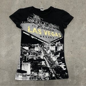 Y2K 2000s Woman’s Zette Las Vegas Nevada Front Print Blouse Size Medium Black
